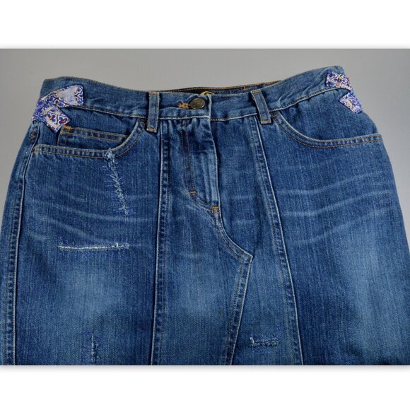 Roberto Cavalli Denim Jeans Embroidered Ribbon Skirt Size 40 - Picture 3 of 11